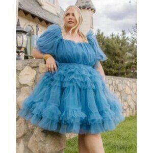 Ivy City Co Whimsical Tulle Dress 3xl Blue Puff Sleeve Tiered Ruffle Knee Length